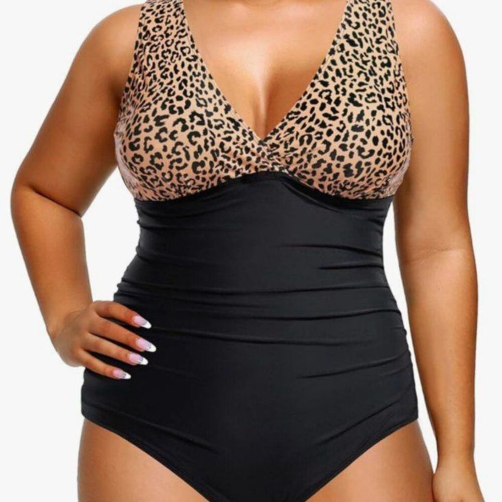 V-Neck Leopard Print & Black One-Piece Swimsuit